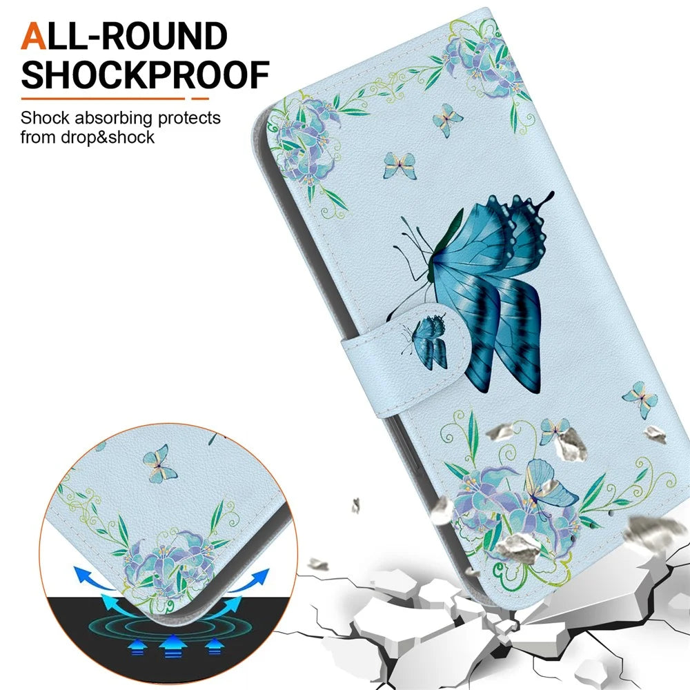 For Samsung Galaxy S25 Wallet Phone Case Anti-Drop Leather Flip Cover Pattern Printing - Blue Butterfly Flower - 4