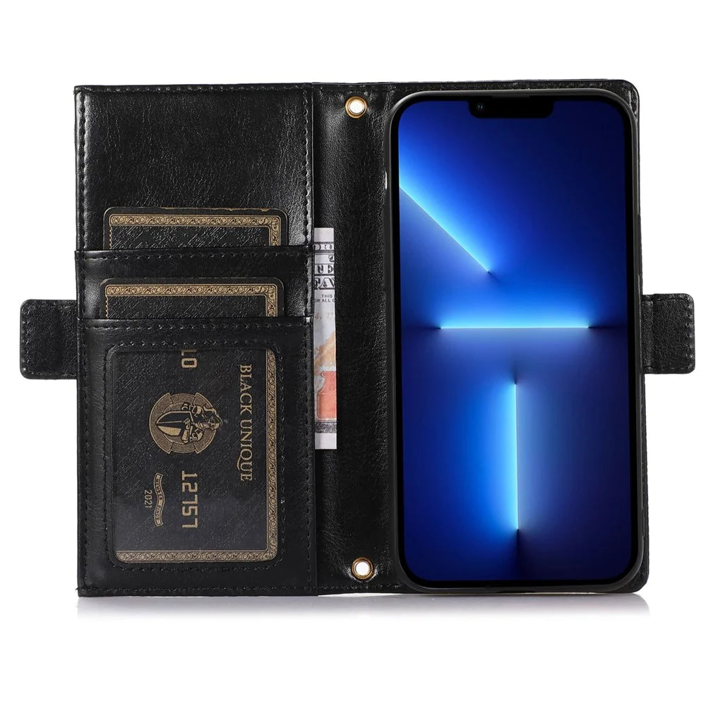 For iPhone 13 Pro Max 6.7 inch Zipper Pocket Design Litchi Texture Phone Case, PU Leather Flip Cover Wallet with Strap - Black - 2