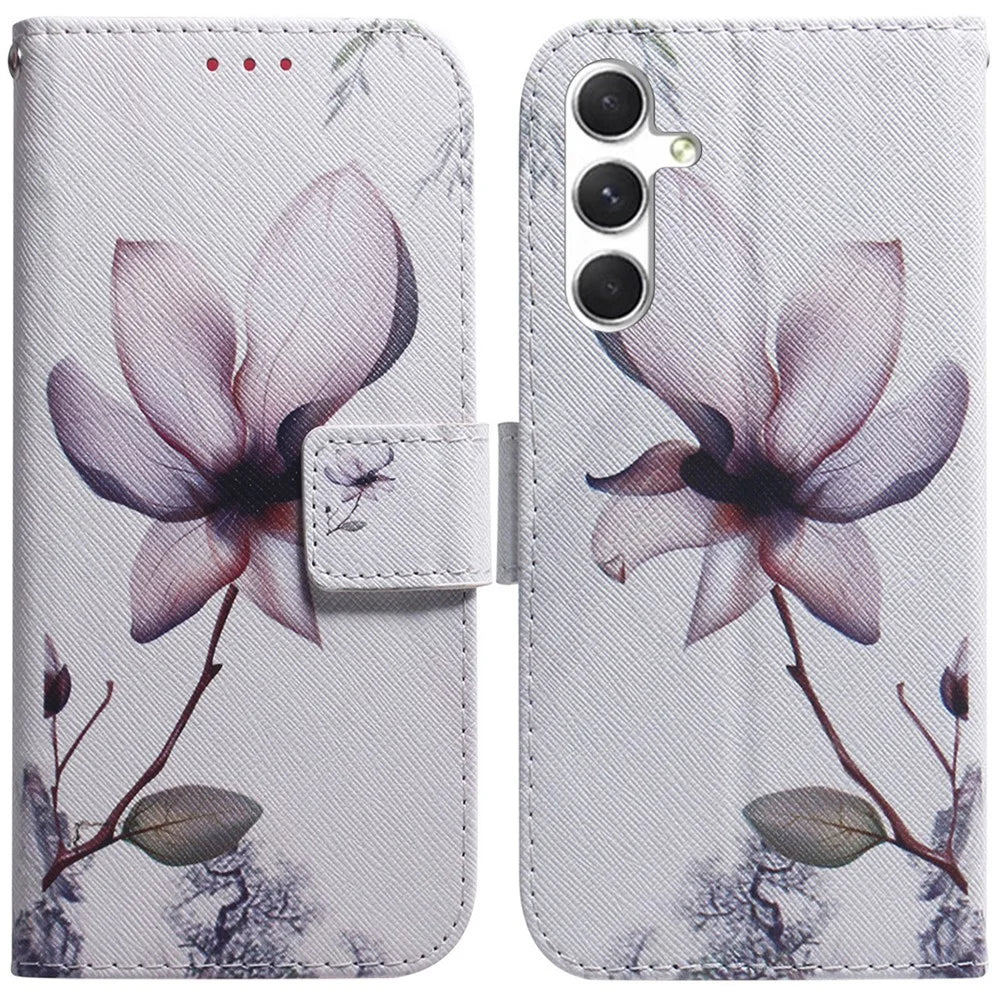For Samsung Galaxy S25 Wallet Case Pattern Print Leather Phone Cover - Pink Flower - 1