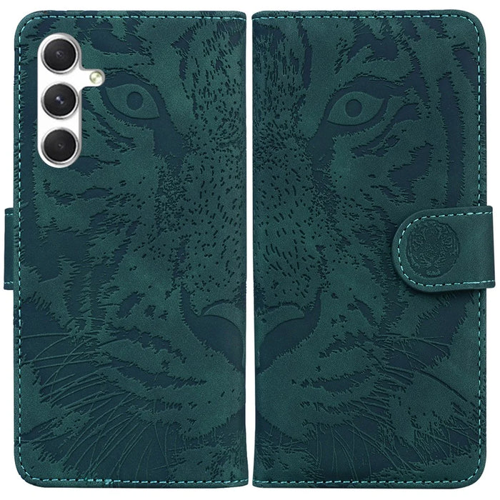 For Samsung Galaxy S25 Case Tiger Imprint Leather Wallet Phone Cover - Green - 1