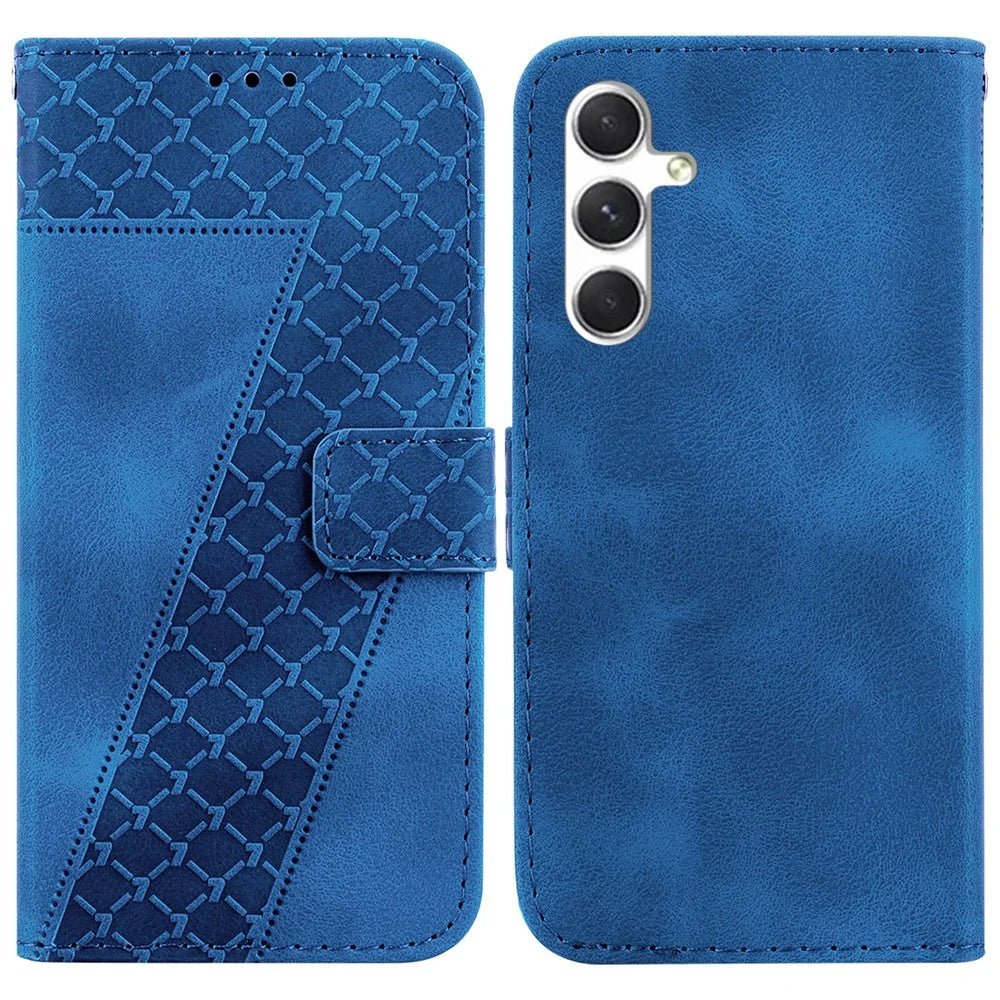For Samsung Galaxy S25 Stand Case 7-Shaped Pattern Imprint Leather Phone Cover - Dark Blue - 1