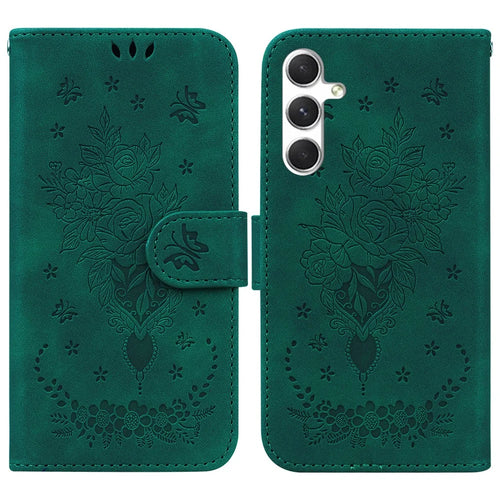 For Samsung Galaxy S25 Case PU Leather Wallet Phone Cover Butterfly Flower Imprint - Green - 1