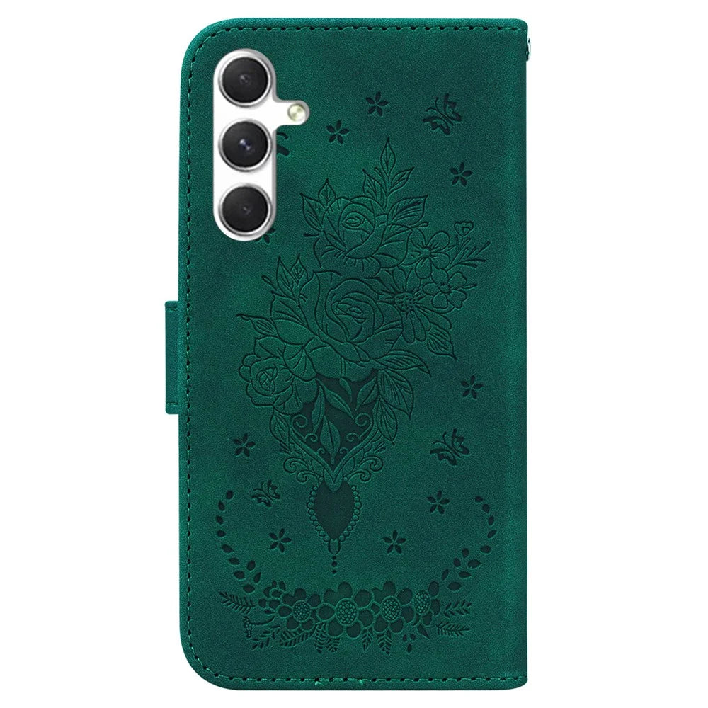 For Samsung Galaxy S25 Case PU Leather Wallet Phone Cover Butterfly Flower Imprint - Green - 7