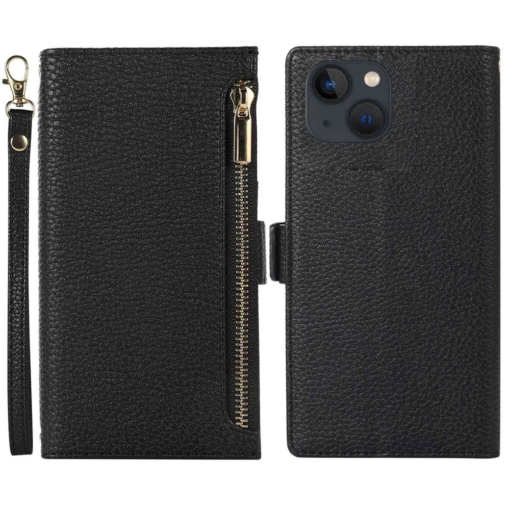 For iPhone 13 6.1 inch Zipper Pocket Design Bump Proof Litchi Texture Phone Case, PU Leather Flip Cover Wallet with Strap - Black - 1