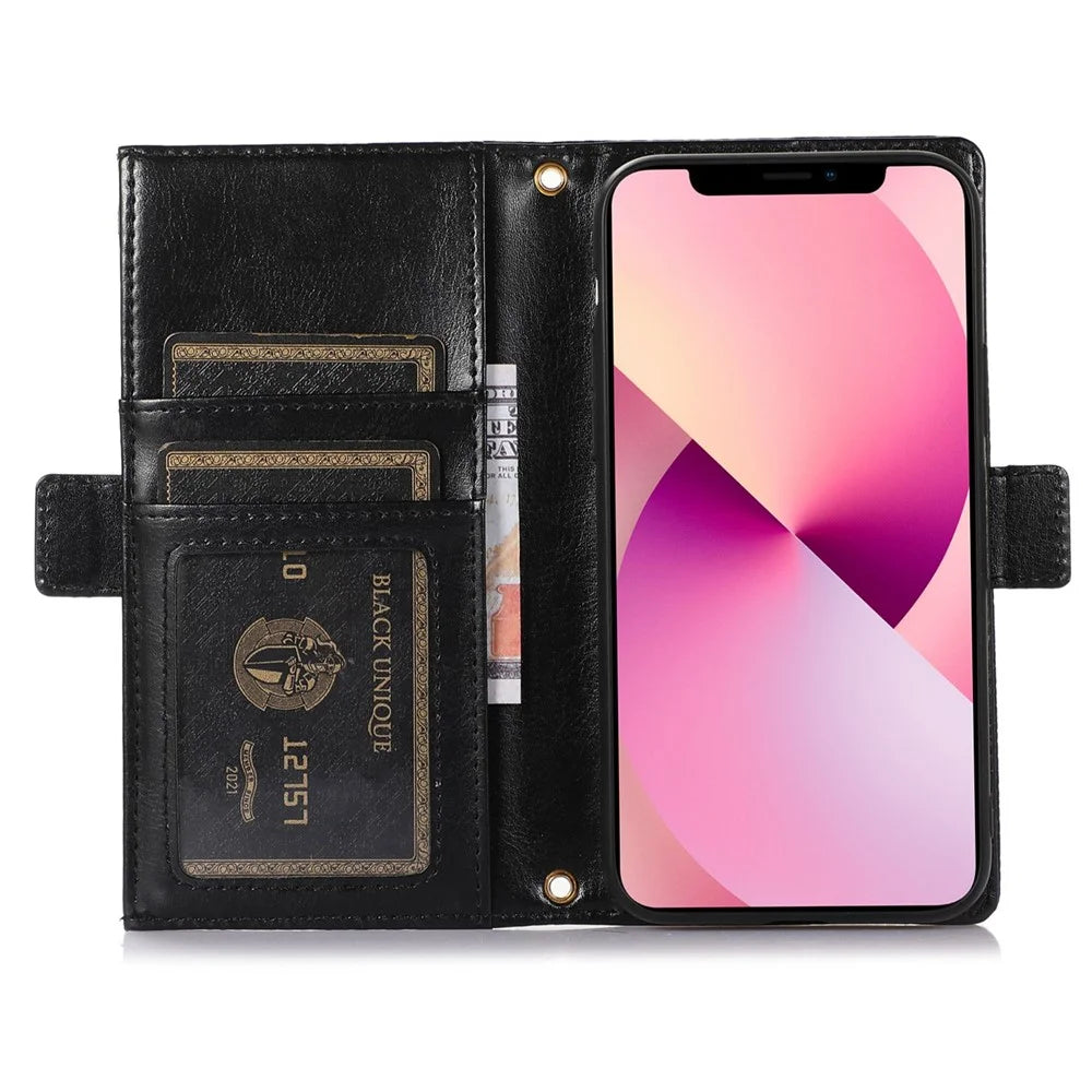 For iPhone 13 6.1 inch Zipper Pocket Design Bump Proof Litchi Texture Phone Case, PU Leather Flip Cover Wallet with Strap - Black - 2