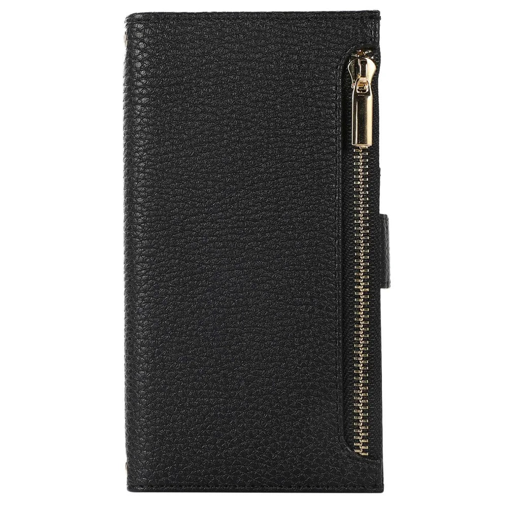 For iPhone 13 6.1 inch Zipper Pocket Design Bump Proof Litchi Texture Phone Case, PU Leather Flip Cover Wallet with Strap - Black - 7