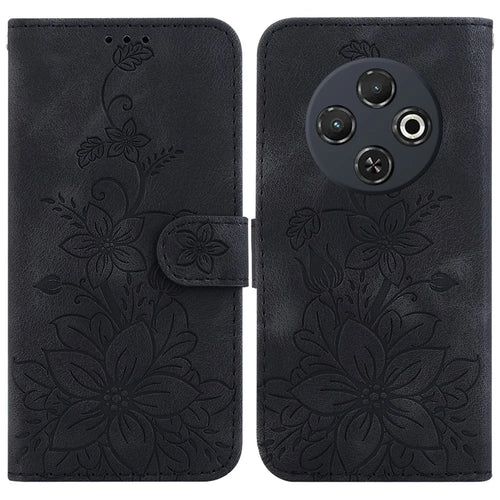 For TECNO Spark 30C 4G Case Lily Flower Imprint Leather Phone Cover with Stand - Black - 1