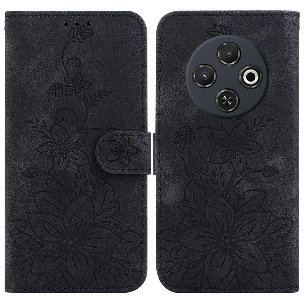 For TECNO Spark 30C 4G Case Lily Flower Imprint Leather Phone Cover with Stand - Black - 1