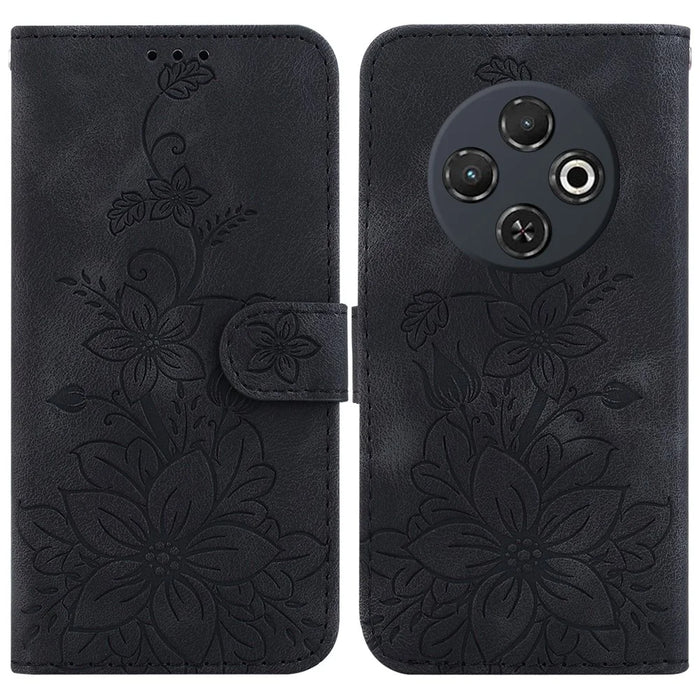 For TECNO Spark 30C 4G Case Lily Flower Imprint Leather Phone Cover with Stand - Black - 1