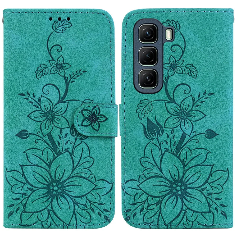 For Infinix Hot 50 5G Case Lily Flower Imprint Leather Phone Cover with Stand - Green - 1
