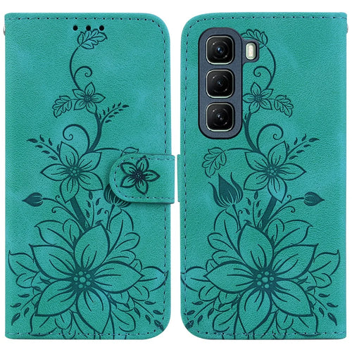 For Infinix Hot 50 5G Case Lily Flower Imprint Leather Phone Cover with Stand - Green - 1