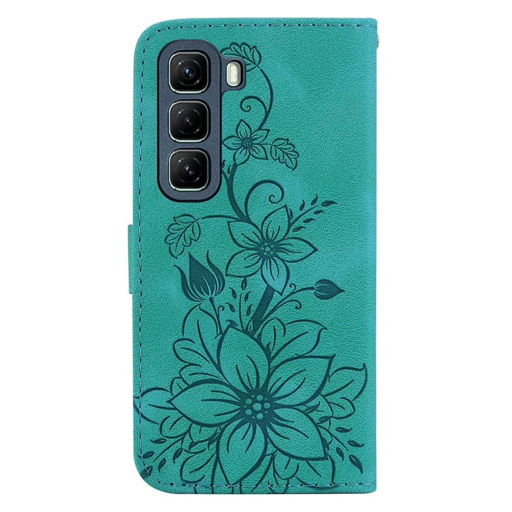 For Infinix Hot 50 5G Case Lily Flower Imprint Leather Phone Cover with Stand - Green - 7
