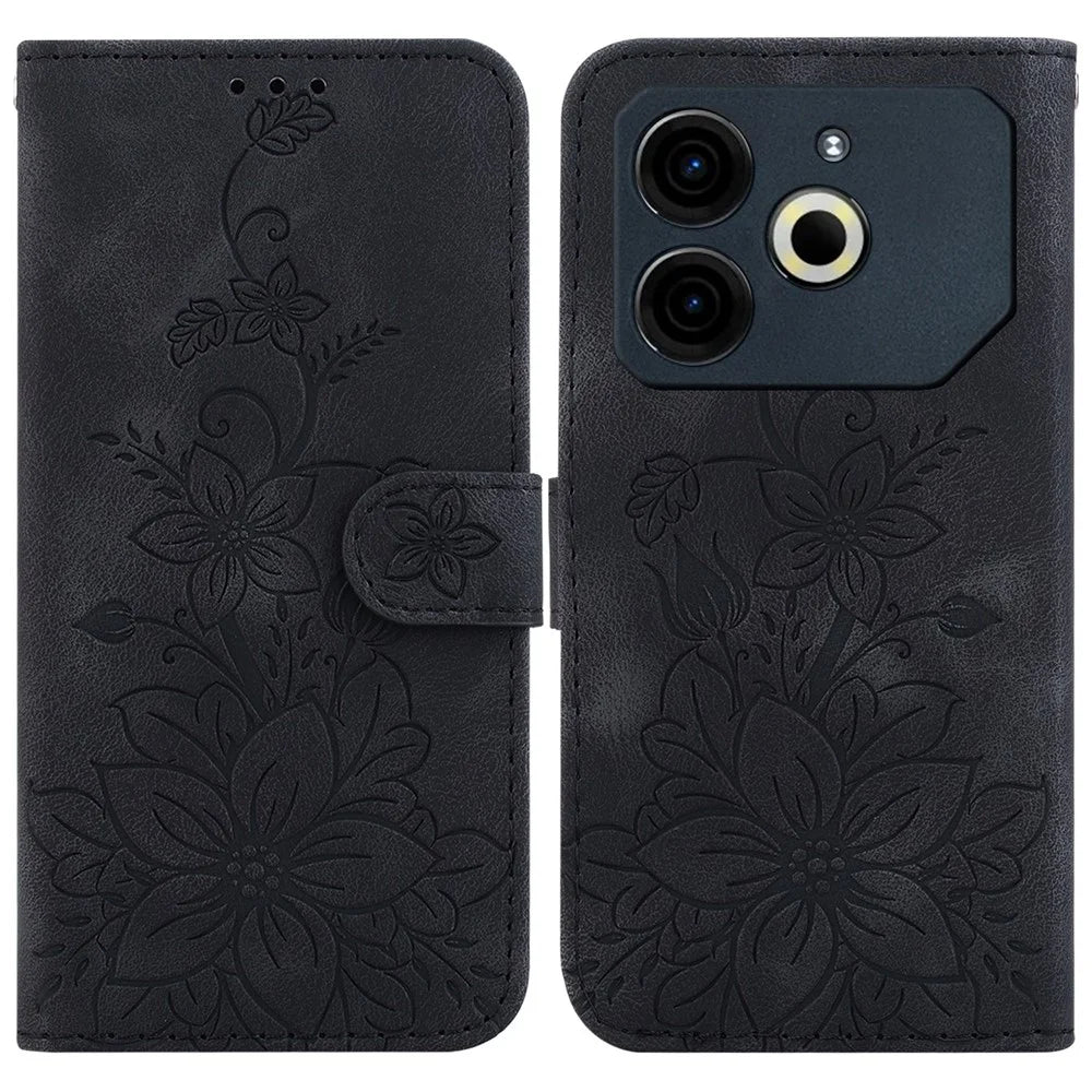 For TECNO Pova 6 Neo Case Lily Flower Imprint Leather Phone Cover with Stand - Black - 1