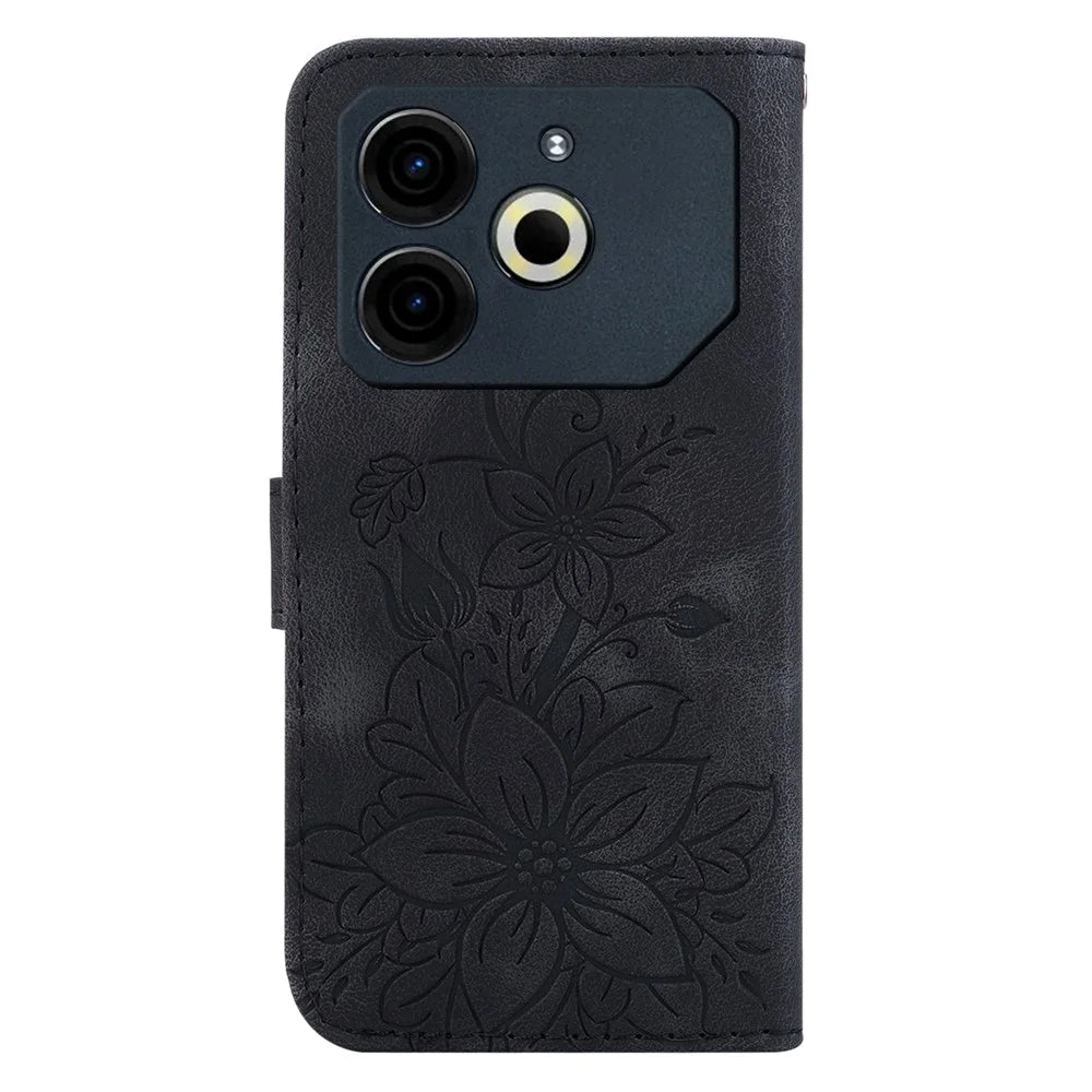 For TECNO Pova 6 Neo Case Lily Flower Imprint Leather Phone Cover with Stand - Black - 7