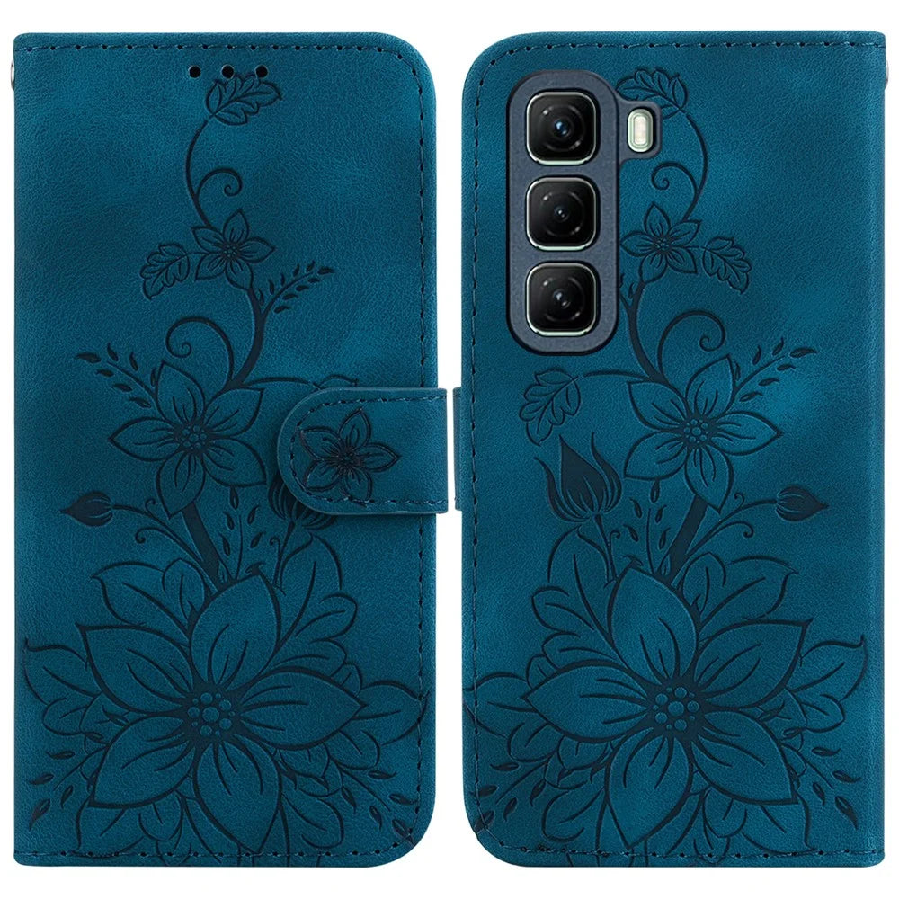 For Infinix Hot 50 4G Case Lily Flower Imprint Leather Phone Cover with Stand - Dark Blue - 1