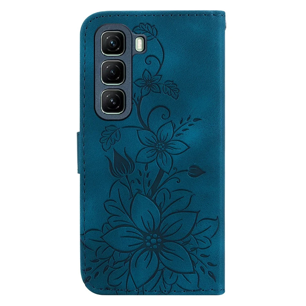 For Infinix Hot 50 4G Case Lily Flower Imprint Leather Phone Cover with Stand - Dark Blue - 7