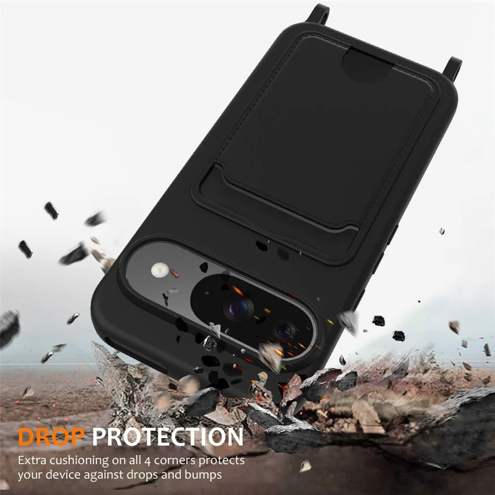 For Google Pixel 9 Case Liquid Silicone Card Holder Phone Back Cover with Lanyard - Black - 3