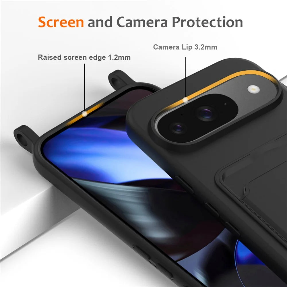 For Google Pixel 9 Case Liquid Silicone Card Holder Phone Back Cover with Lanyard - Black - 6