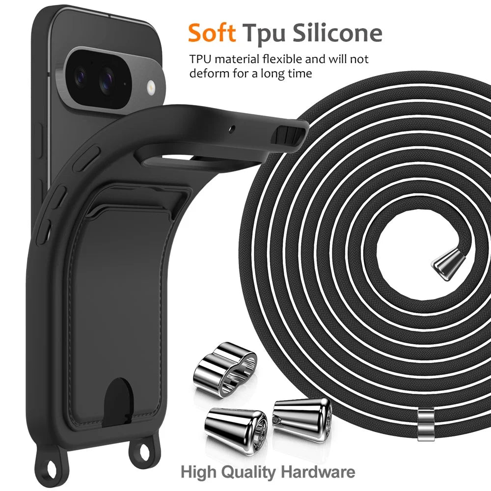 For Google Pixel 9 Case Liquid Silicone Card Holder Phone Back Cover with Lanyard - Black - 7