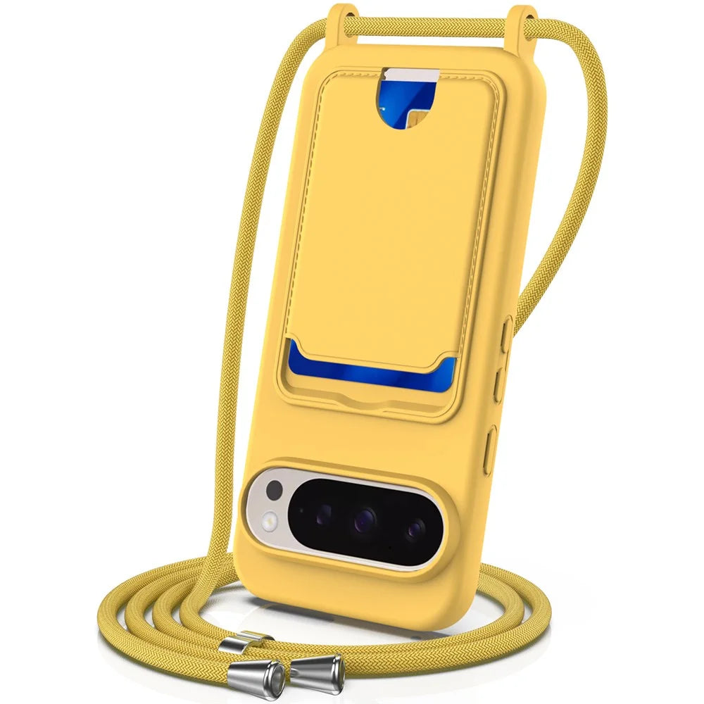 For Google Pixel 9 Pro Case Liquid Silicone Card Holder Phone Back Cover with Lanyard - Yellow - 1