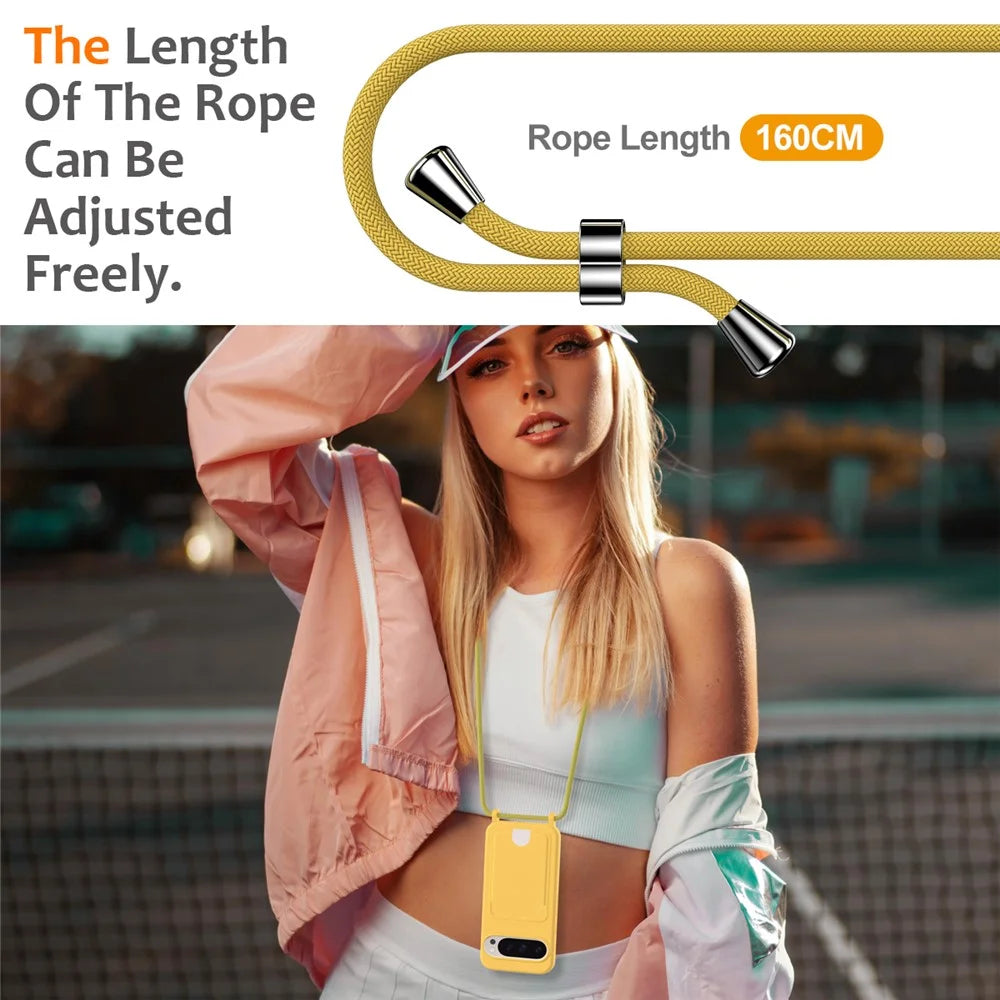 For Google Pixel 9 Pro Case Liquid Silicone Card Holder Phone Back Cover with Lanyard - Yellow - 2