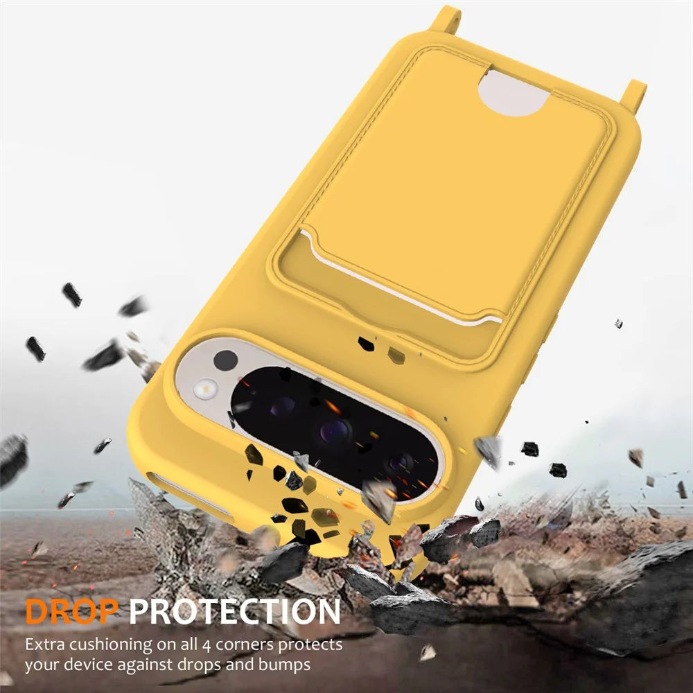 For Google Pixel 9 Pro Case Liquid Silicone Card Holder Phone Back Cover with Lanyard - Yellow - 3