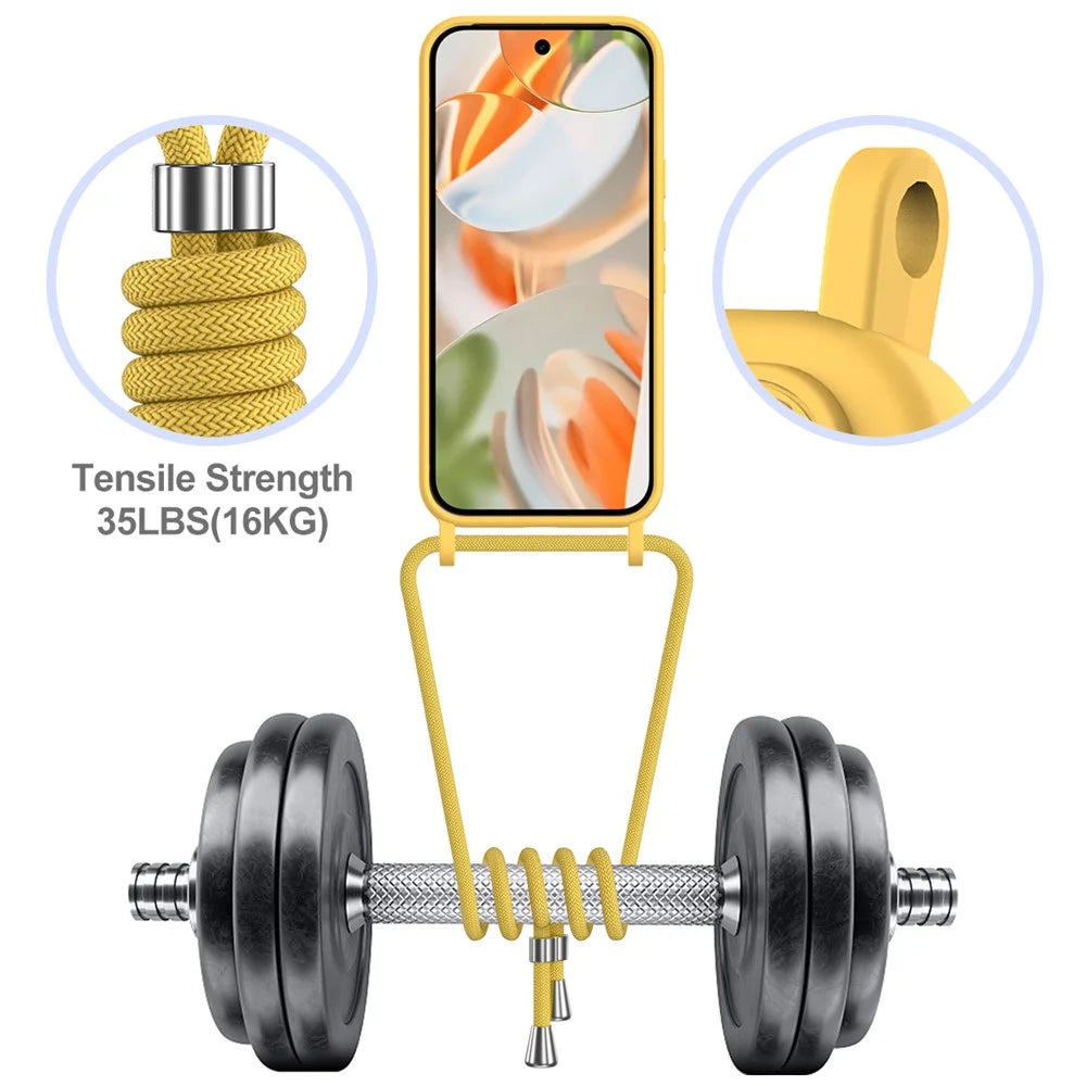 For Google Pixel 9 Pro Case Liquid Silicone Card Holder Phone Back Cover with Lanyard - Yellow - 4