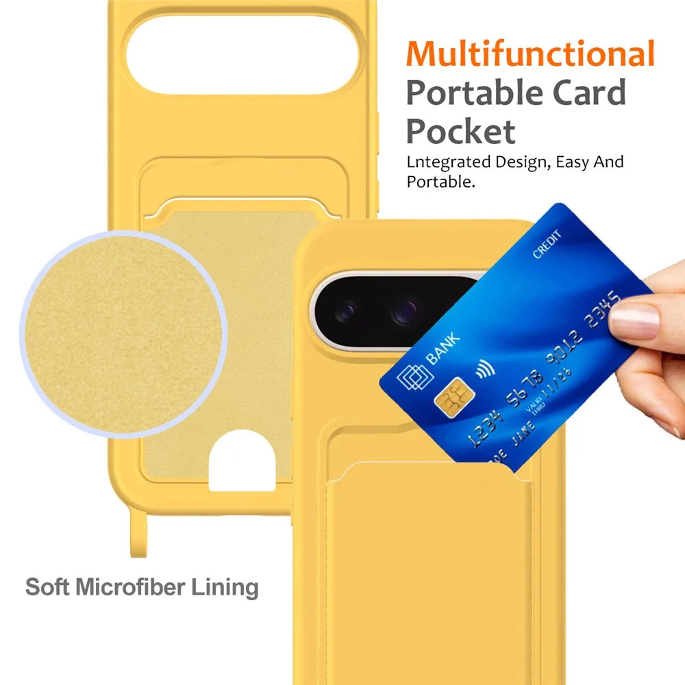 For Google Pixel 9 Pro Case Liquid Silicone Card Holder Phone Back Cover with Lanyard - Yellow - 5