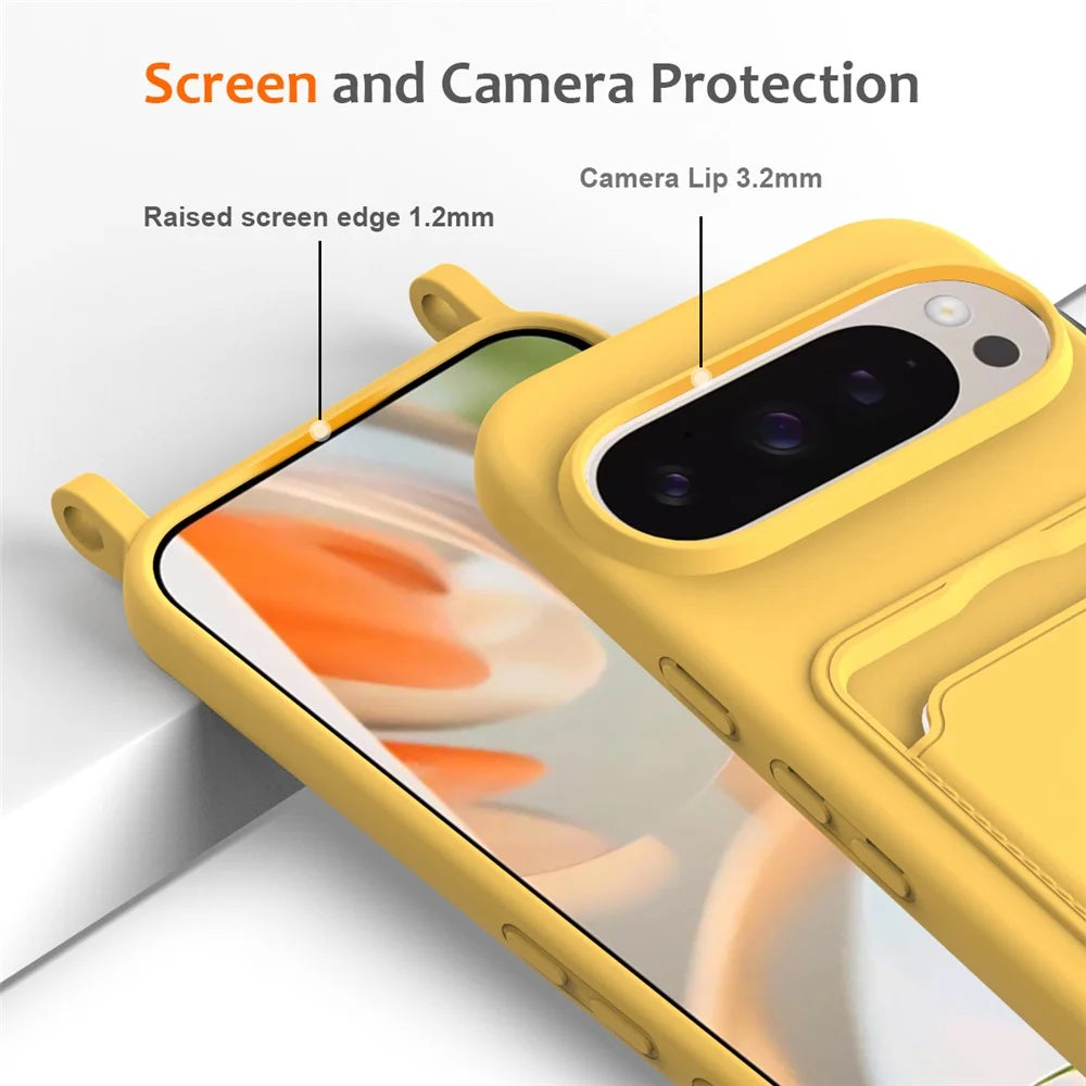 For Google Pixel 9 Pro Case Liquid Silicone Card Holder Phone Back Cover with Lanyard - Yellow - 6