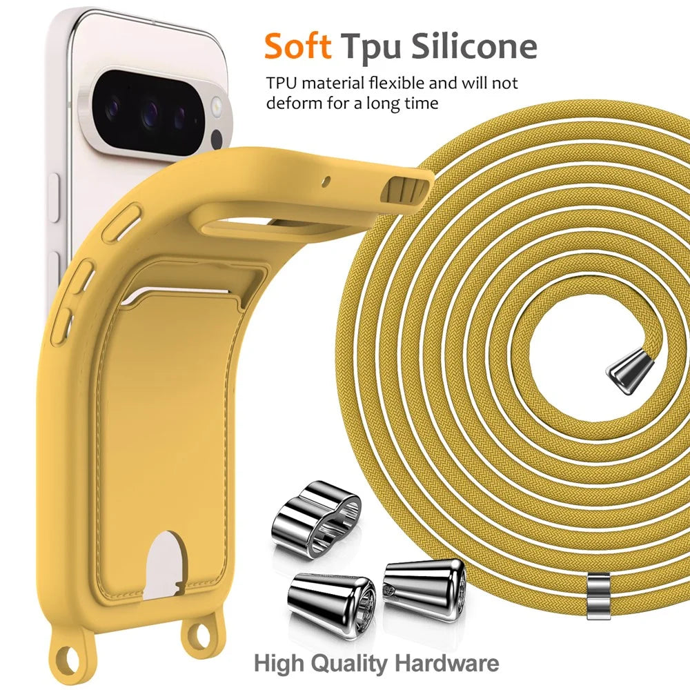 For Google Pixel 9 Pro Case Liquid Silicone Card Holder Phone Back Cover with Lanyard - Yellow - 7