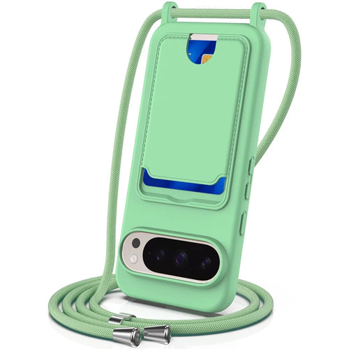 For Google Pixel 9 Pro XL Case Liquid Silicone Card Holder Phone Back Cover with Lanyard - Green - 1