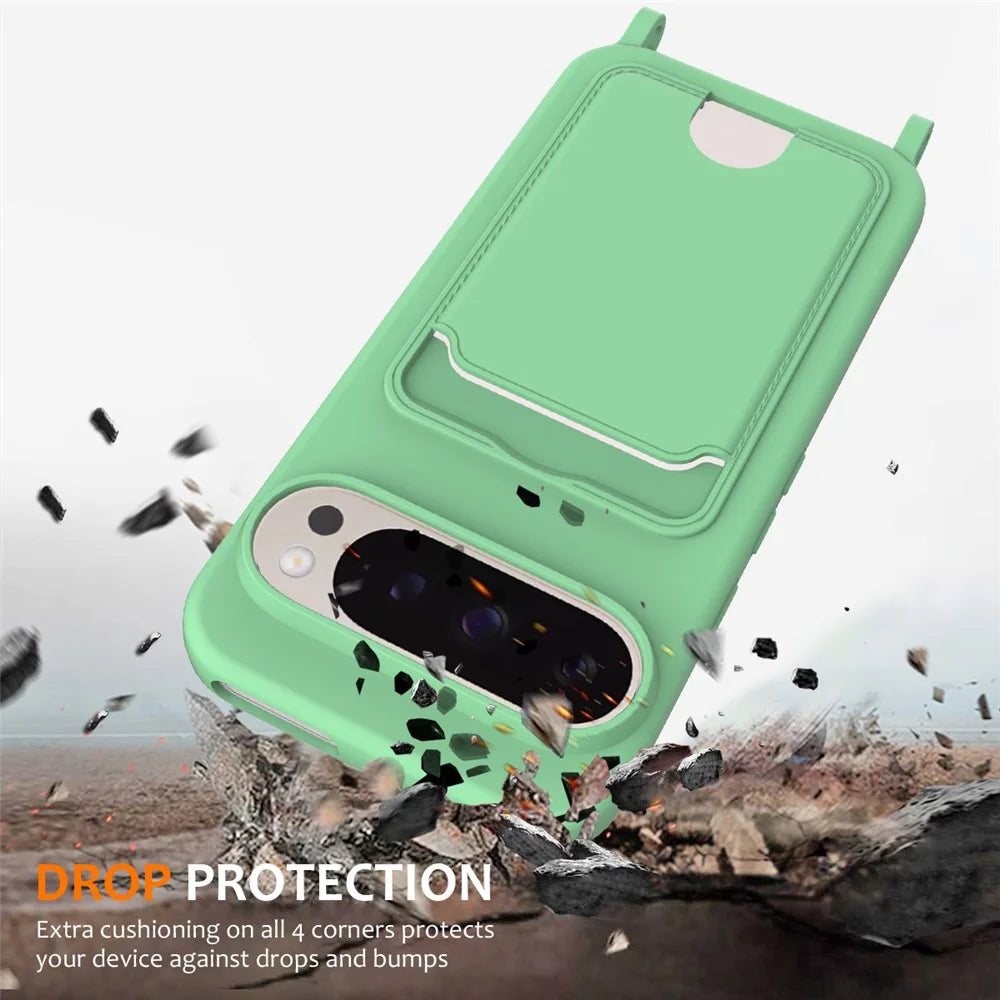 For Google Pixel 9 Pro XL Case Liquid Silicone Card Holder Phone Back Cover with Lanyard - Green - 3