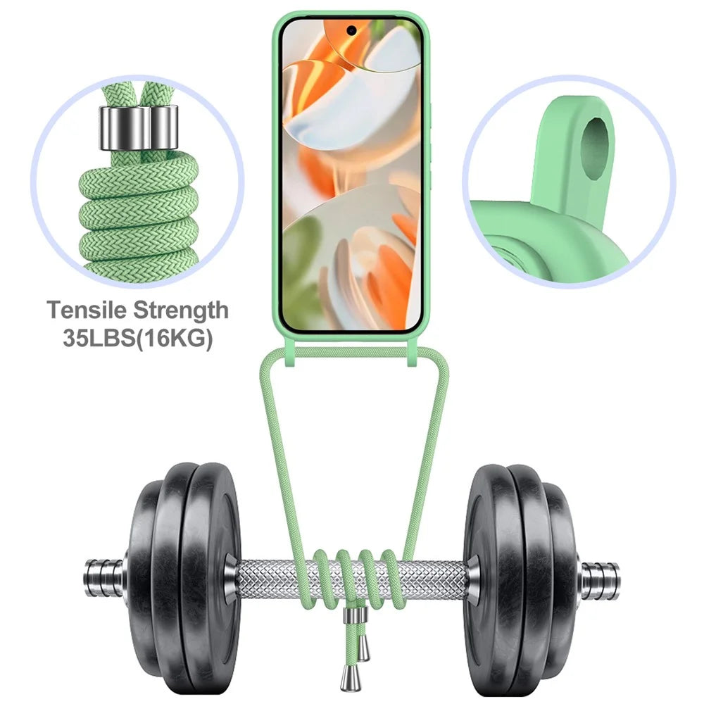 For Google Pixel 9 Pro XL Case Liquid Silicone Card Holder Phone Back Cover with Lanyard - Green - 4