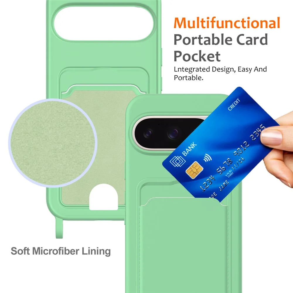 For Google Pixel 9 Pro XL Case Liquid Silicone Card Holder Phone Back Cover with Lanyard - Green - 5