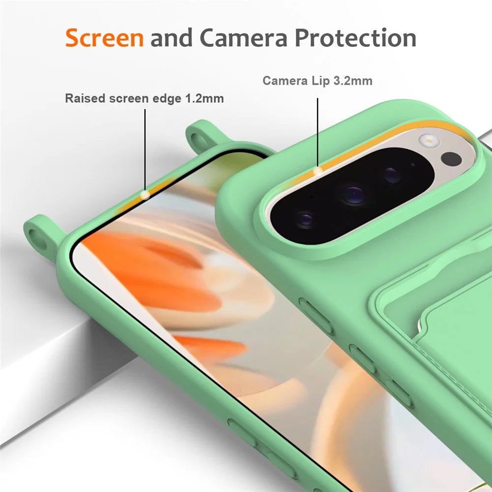 For Google Pixel 9 Pro XL Case Liquid Silicone Card Holder Phone Back Cover with Lanyard - Green - 6