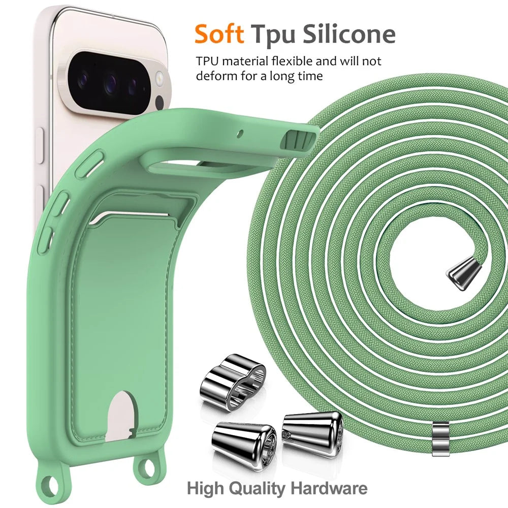 For Google Pixel 9 Pro XL Case Liquid Silicone Card Holder Phone Back Cover with Lanyard - Green - 7