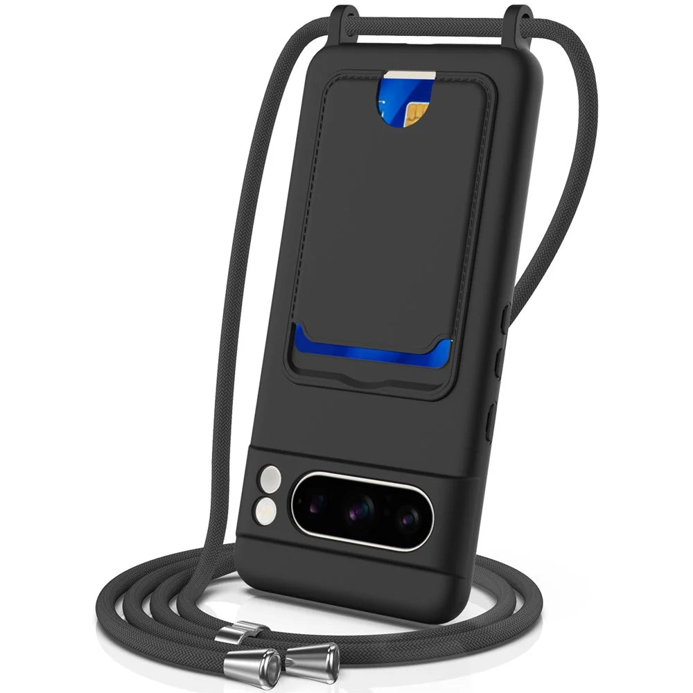 For Google Pixel 8 Pro Case Liquid Silicone Card Holder Phone Back Cover with Lanyard - Black - 1