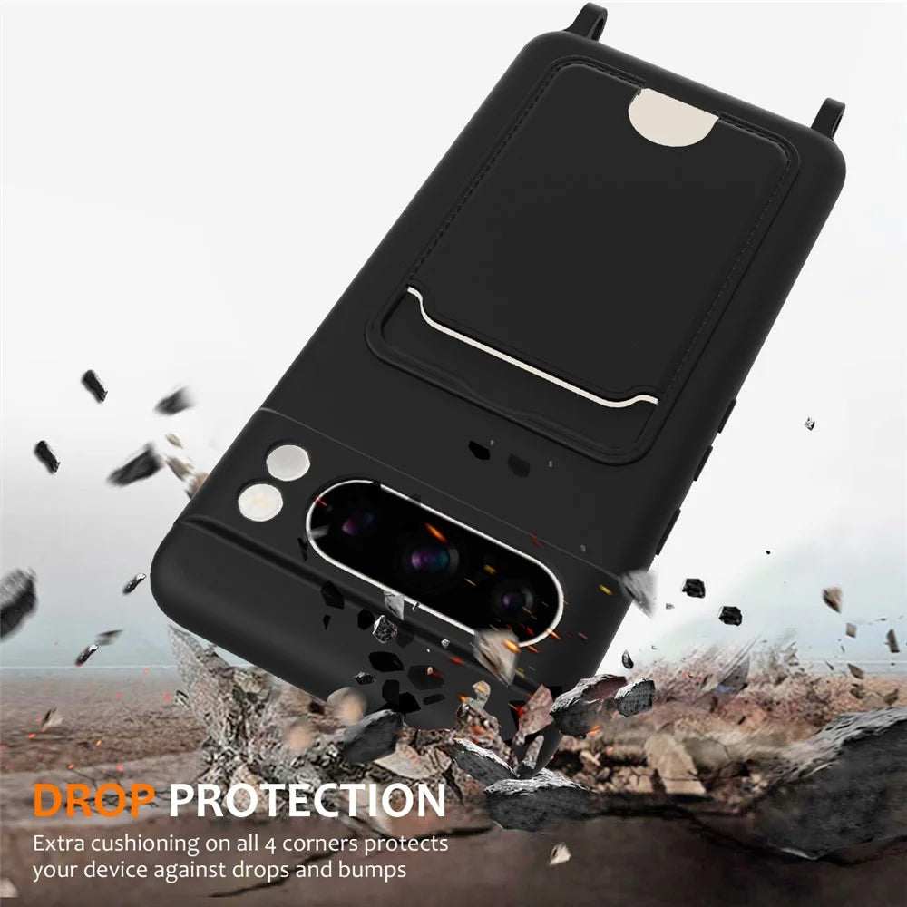 For Google Pixel 8 Pro Case Liquid Silicone Card Holder Phone Back Cover with Lanyard - Black - 3