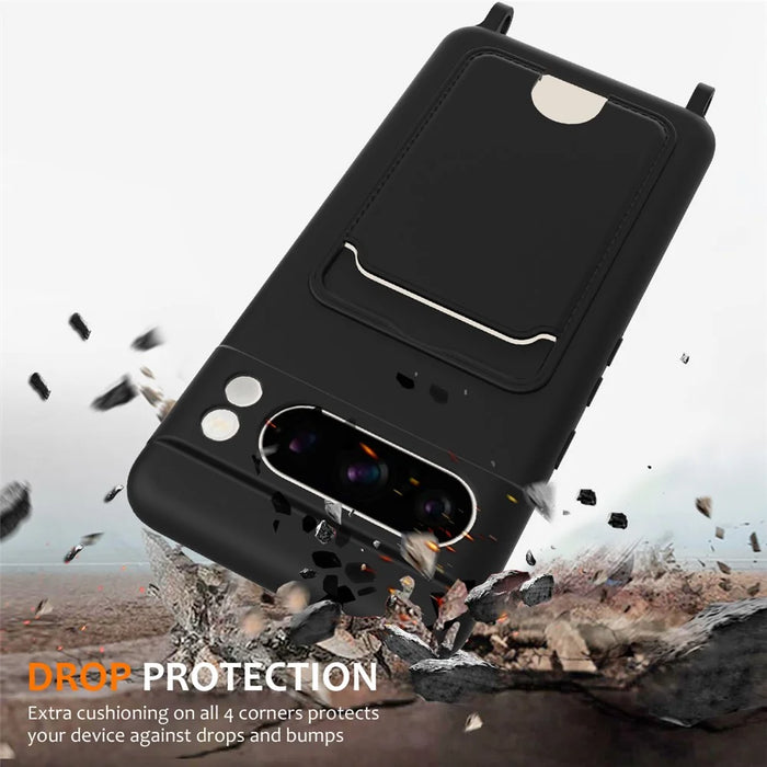 For Google Pixel 8 Pro Case Liquid Silicone Card Holder Phone Back Cover with Lanyard - Black - 3
