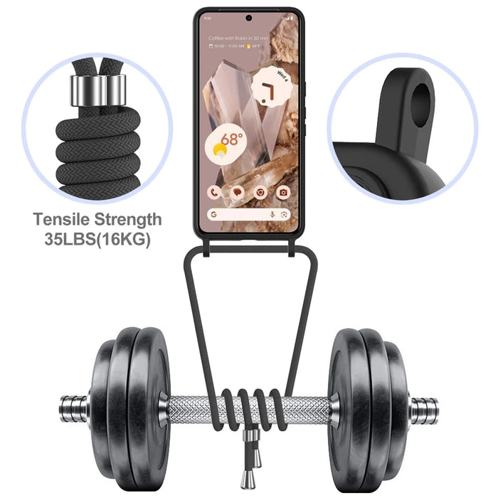 For Google Pixel 8 Pro Case Liquid Silicone Card Holder Phone Back Cover with Lanyard - Black - 4