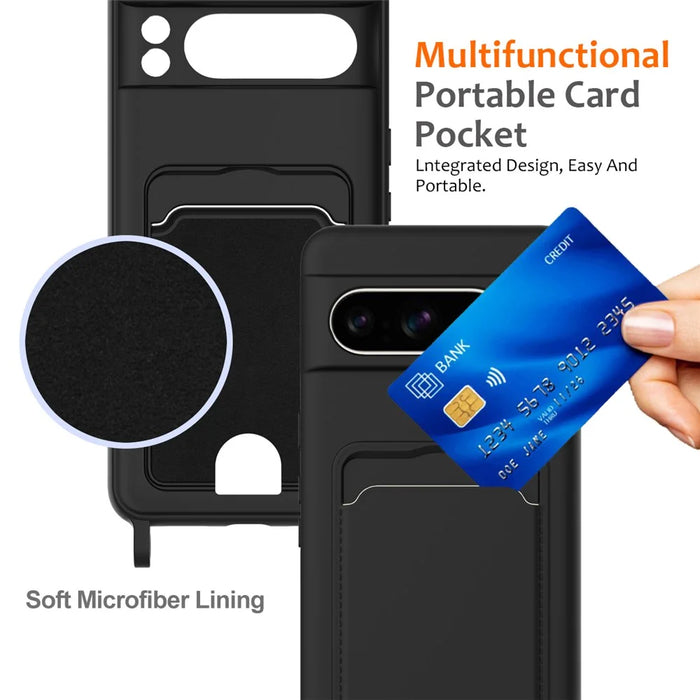 For Google Pixel 8 Pro Case Liquid Silicone Card Holder Phone Back Cover with Lanyard - Black - 5
