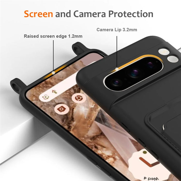 For Google Pixel 8 Pro Case Liquid Silicone Card Holder Phone Back Cover with Lanyard - Black - 6
