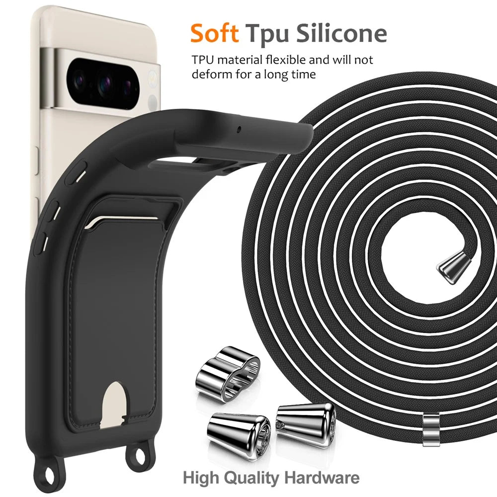 For Google Pixel 8 Pro Case Liquid Silicone Card Holder Phone Back Cover with Lanyard - Black - 7