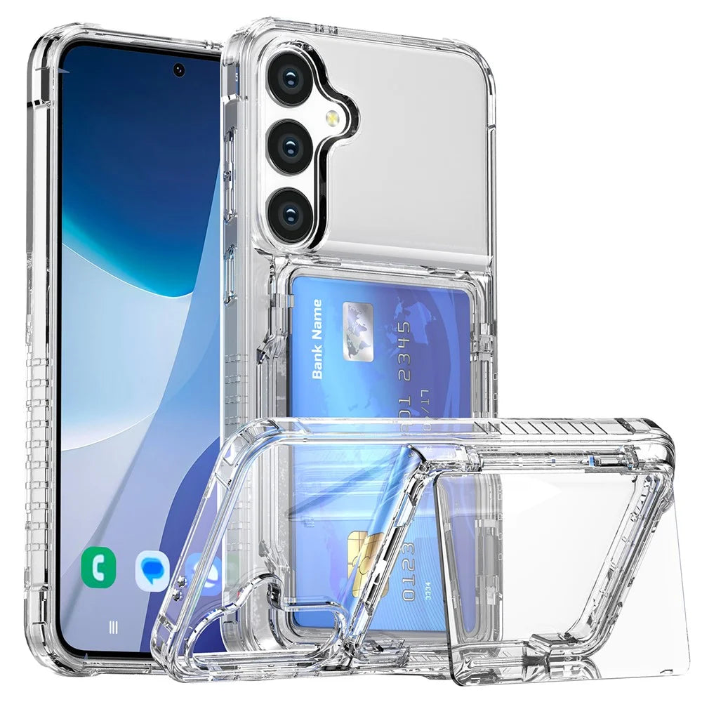 For Samsung Galaxy S25 Clear Case PC+TPU Phone Cover Card Holder Kickstand - Transparent - 1