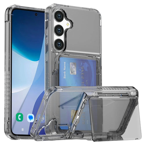 For Samsung Galaxy S25+ Clear Case PC+TPU Phone Cover Card Holder Kickstand - Transparent Black - 1