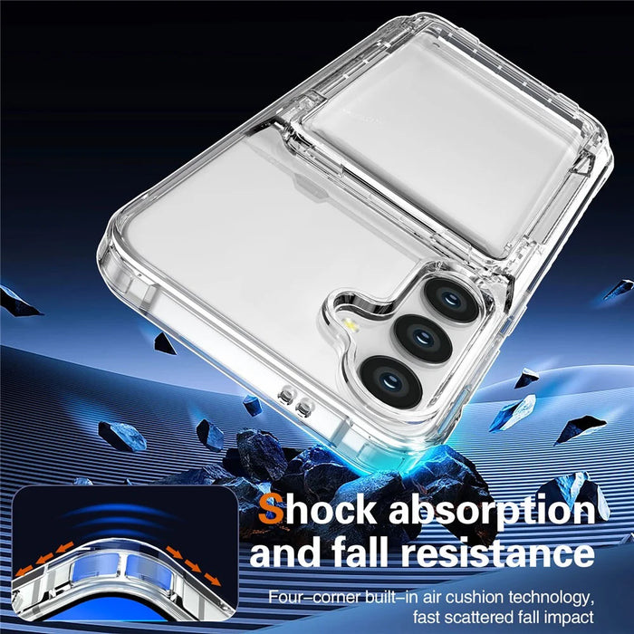 For Samsung Galaxy S25+ Clear Case PC+TPU Phone Cover Card Holder Kickstand - Transparent Black - 5