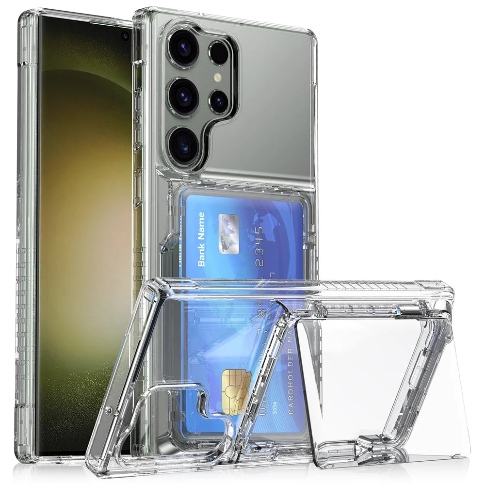 For Samsung Galaxy S25 Ultra Clear Case PC+TPU Phone Cover Card Holder Kickstand - Transparent - 1