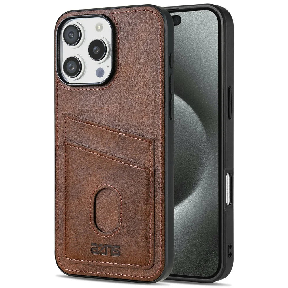 AZNS K1 Series For iPhone 16 Pro Max Case Calf Texture Anti-Drop PU+TPU Phone Cover with 2 Card Slot - Coffee - 1