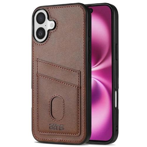 AZNS K1 Series For iPhone 16 Plus Case Calf Texture Anti-Drop PU+TPU Phone Cover with 2 Card Slot - Coffee - 1