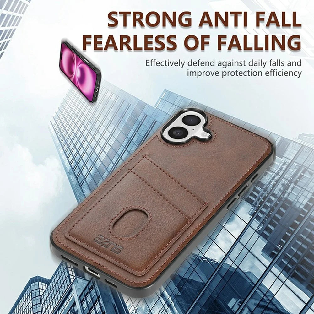 AZNS K1 Series For iPhone 16 Plus Case Calf Texture Anti-Drop PU+TPU Phone Cover with 2 Card Slot - Coffee - 5